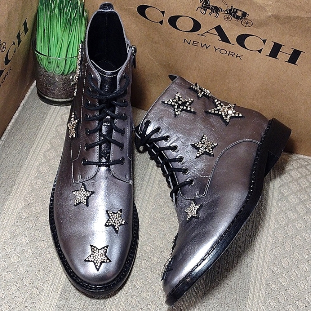 Coach Watts Crystal Star Embellished Pewter Boots with side zipper